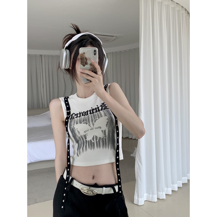 Áo Tank Top Sát Nách Dáng Ôm In Chữ Và Bướm Phối Dây Ruy Băng Kiểu Vintage Thời Trang Mùa Hè