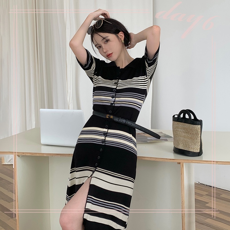 Đầm Dệt Kim Tay Ngắn Cổ Chữ V Họa Tiết Kẻ Sọc Thời Trang Hàn Quốc Xinh Xắn Cho Nữ