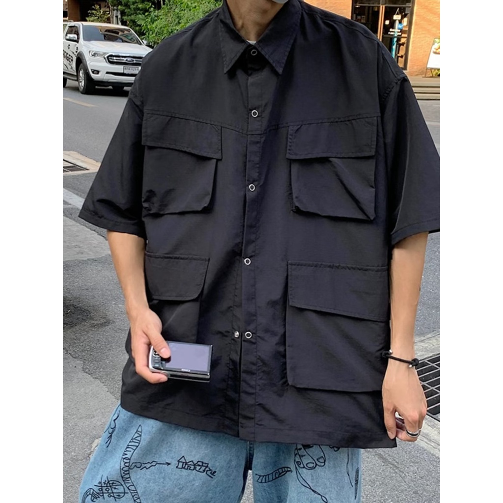 Áo Sơ Mi Ngắn Tay Dáng Rộng Nhiều Túi Màu Sắc Thời Trang Mùa Hè Nhật Bản Dành Cho Nam