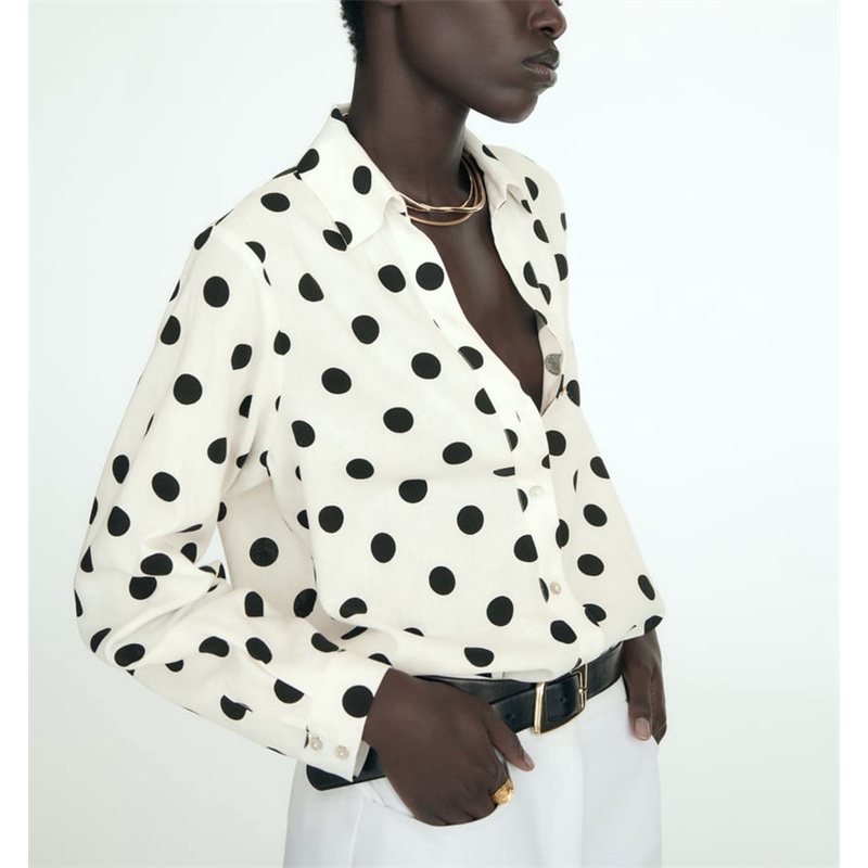 Zara Áo Sơ Mi Vải Lanh Form Rộng Họa Tiết Chấm Bi Thời Trang Mùa Hè Cho Nữ 3715625