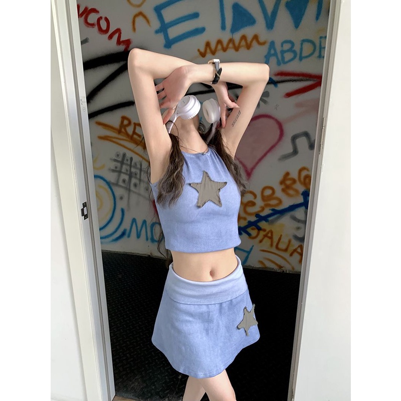 Bộ Áo Thun Không Tay + Chân Váy Ngắn Lưng Cao Thời Trang Mùa Hè Xinh Xắn Cho Nữ Y2K