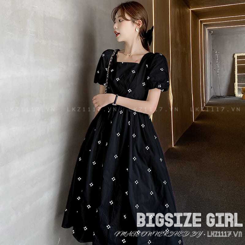 Váy đầm nữ Bigsize Đầm cổ vuông dáng xoè tay ngắn đen mùa hè Phong cách Hàn Quốc Thời Trang đẹp
