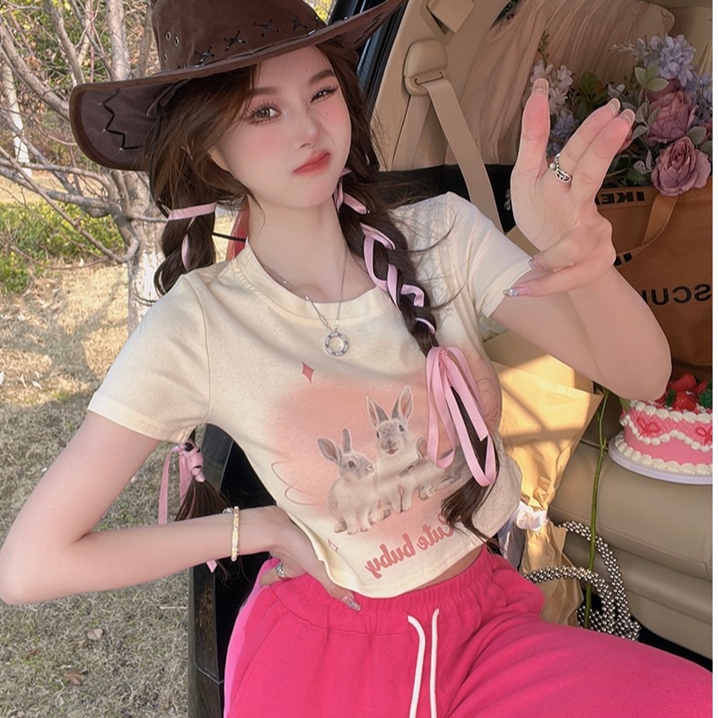 Áo Thun Tay Ngắn Hở Vai Màu Đen In Hình Thỏ Phong Cách Hàn Quốc Thời Trang Mùa Hè Cho Nữ