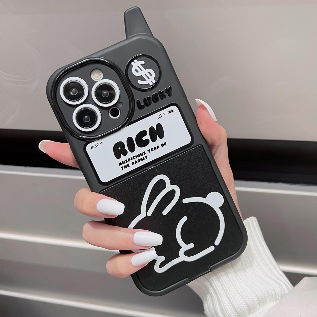 Ốp Điện Thoại tpu Dẻo Nắp Gập Tráng Gương Họa Tiết Chú Thỏ Đen Cổ Điển Cho iPhone 14 13 12 11 Pro Max