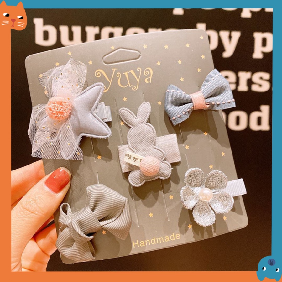 Set 5 Kẹp Tóc Hình Ngôi Sao / Quả Dâu / Trái Tim / Vương Miện / Trái Tim / Mèo Cưng