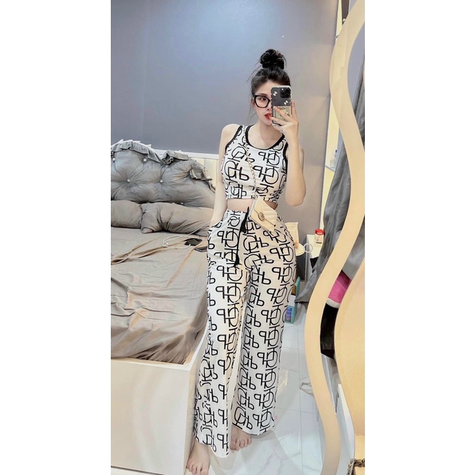 Set Bộ Thun In 3D , Áo Ba Lỗ Croptop Chạy Viền Kèm Quần Dài Ống Suông Lưng Chun Có Dây Rút , 2 Màu Trắng Đen