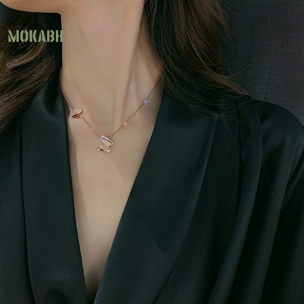 [Mok Abh] Vòng cổ Hai Lớp Bằng Thép Titan Mặt Hình Bướm 3D Cá Tính Cho Nữ