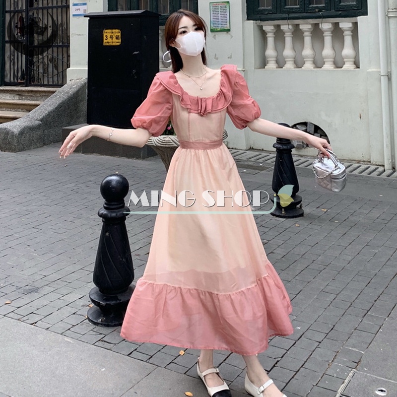 Đầm Dài Viền Bèo Màu Gradient Thanh Lịch Thời Trang Mùa Hè Hàng Mới Dành Cho Bạn Nữ TH