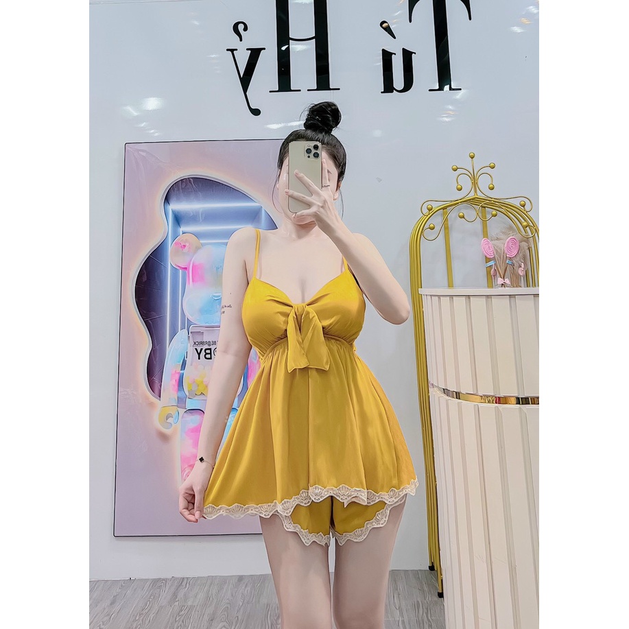 Set Đồ Ngủ Phối Ren Áo 2 Dây Cúp Ngực Dáng Xòe Kèm Quần Đùi , Chất Lụa Mềm Mịn Có 2 Màu Vàng Hồng