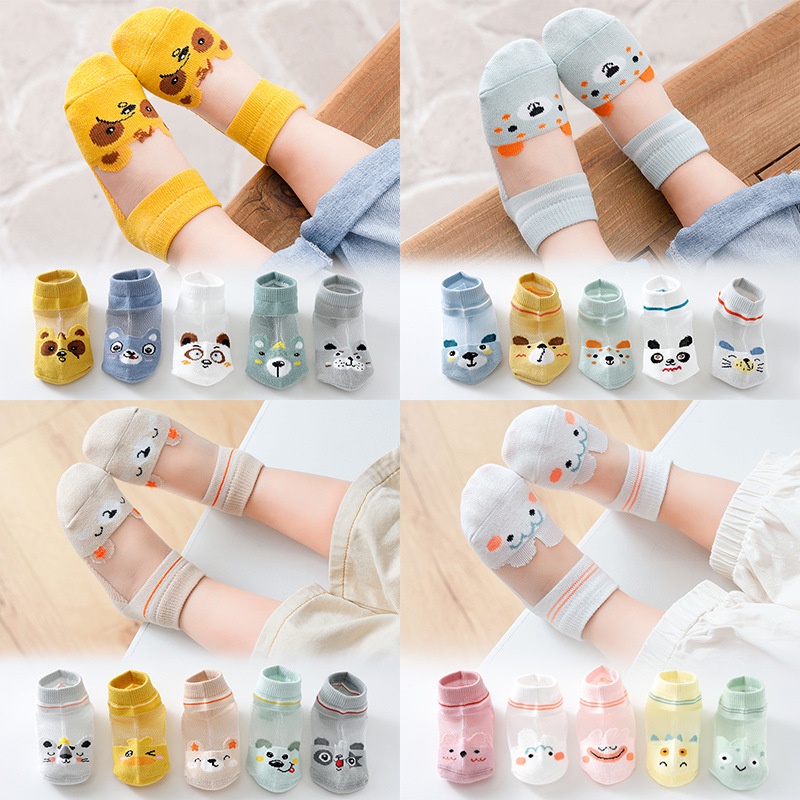 Set 5 Đôi Vớ Cotton Mỏng Phối Lưới Họa Tiết Hoạt Hình Thời Trang Mùa Hè Cho Bé