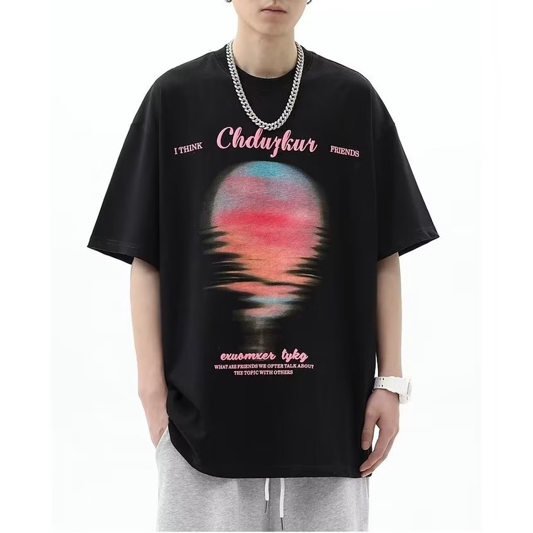 Áo thun cotton YOUTANG ngắn tay in họa tiết hoàng hôn phong cách retro hiphop cho cặp đôi