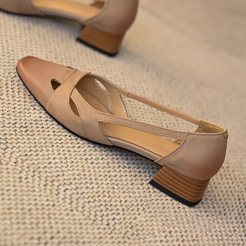 Duoya Hair Thẳng ~ [Hàng Có Sẵn] Giày Cao Gót Da Thật Mũi Vuông Rỗng Nhỏ Nhắn Miễn Phí Vận Chuyển