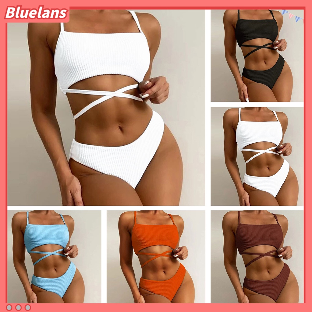 [BLS] Bộ Đồ Bơi Hai Dây Màu Trơn Có Gân Gợi Cảm Cho Nữ Hoạt Động Dưới Nước