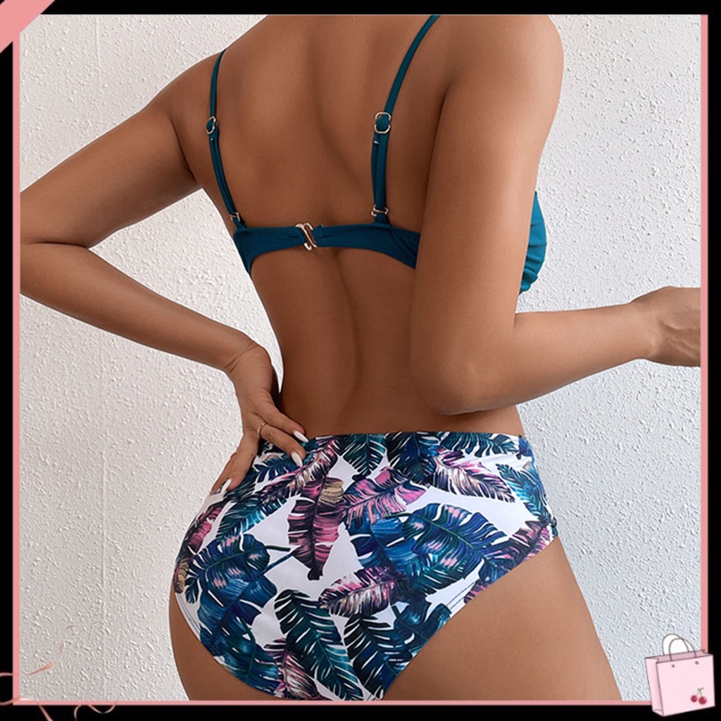 {Soltweter} Bộ Đồ Bơi Bikini Lưng Cao Có Đệm Nâng Ngực Màu Trơn In Hoa Cho Hoạt Động Dưới Nước