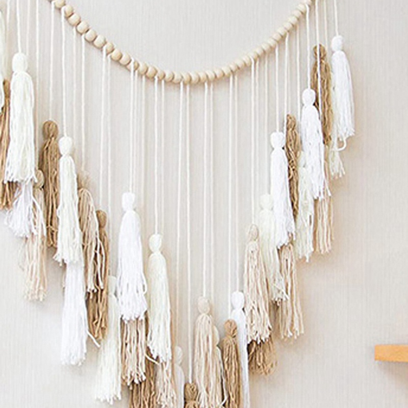 1 Thảm Dệt Macrame Lớn Màu Trắng / Be / Khaki / Xanh Dương Đính Hạt Gỗ Treo Tường Trang Trí Phong Cách Boho