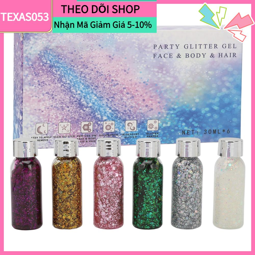 Texas053 Bộ 6 Màu Mịn Lấp Lánh Toàn Phương Thủ Công Mỹ Phẩm Cho Thân Móng Mặt Tóc Phấn Mắt Trang Điểm 180ML