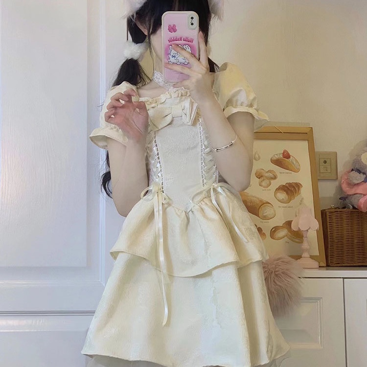 Đầm Công Chúa Mori Dáng Ngắn Tay Phồng Đính Nơ Kiểu Pháp Dễ Thương