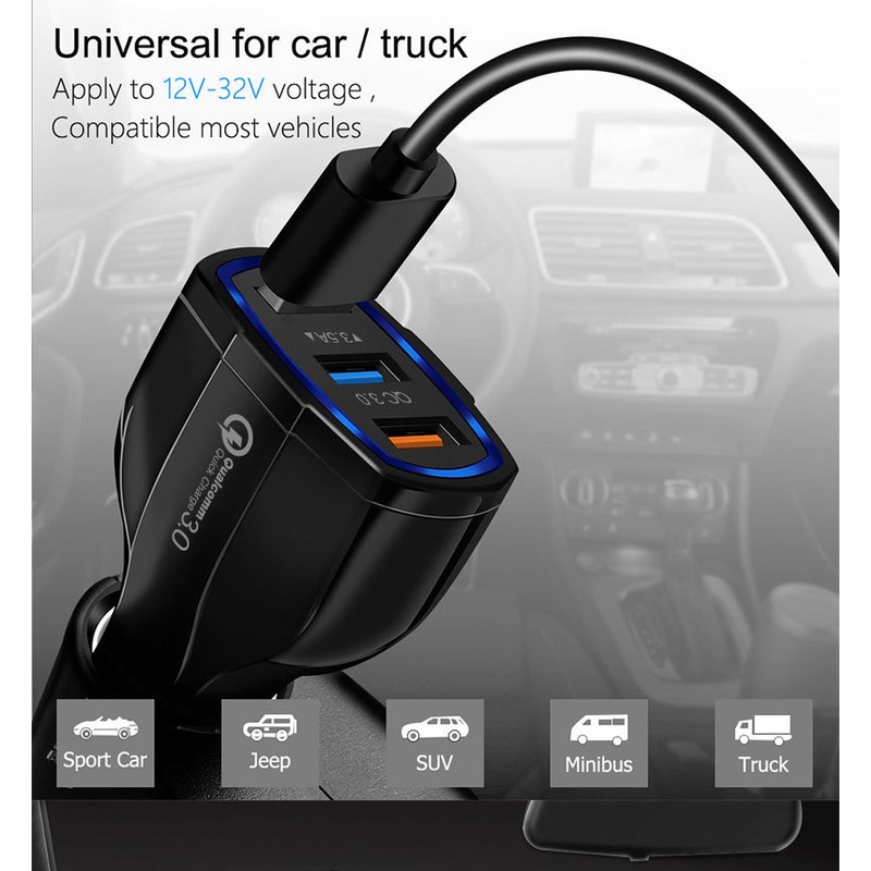 Tẩu Sạc Nhanh QC3.0 3 Cổng USB 18W Cho Xe Ô Tô