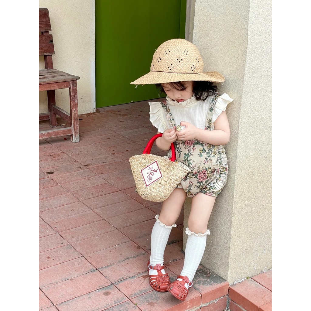 Set Áo Thun Ngắn Tay + Quần Yếm In Hoa Vintage Thời Trang Mùa Hè Mới Cho Bé Gái
