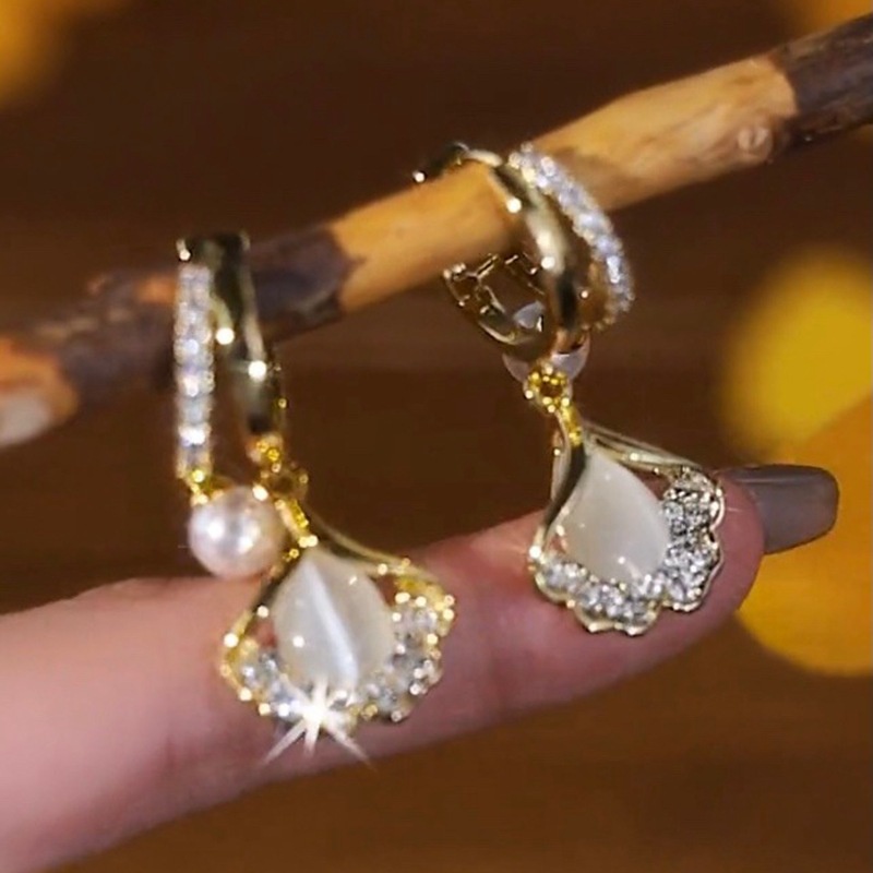 Mới Mèo Mắt Đá Bạch Quả Lá Khóa Tai Bông Tai Trang Sức Dự Tiệc Quà Tặng