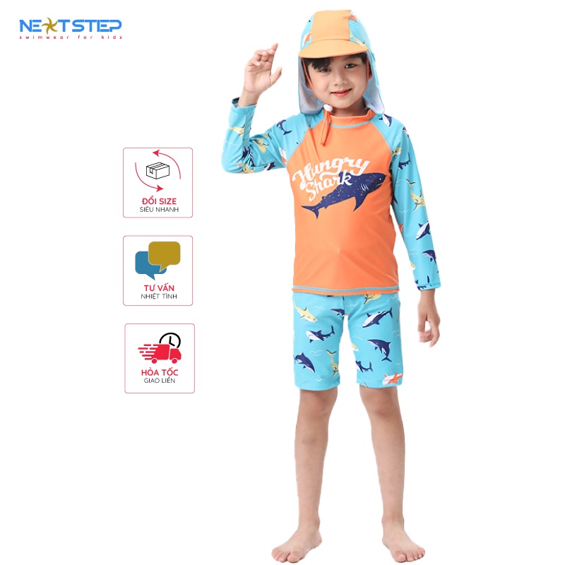 Đồ bơi bé trai họa tiết Cá Mập tay dài kèm nón chống nắng có size cho bé từ 10kg đến 40kg