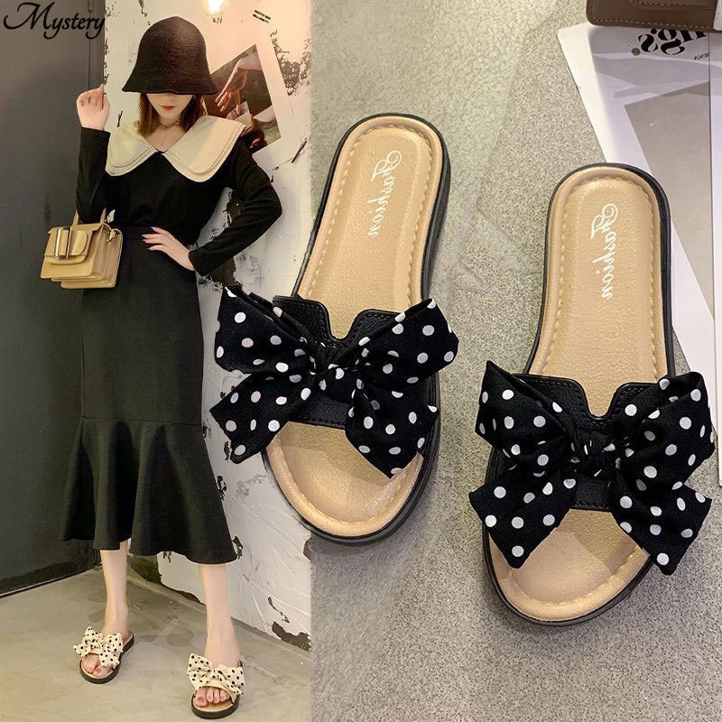 Dép Sandal Đế Bằng Thắt Nơ Họa Tiết Chấm Bi Dành Cho Nữ