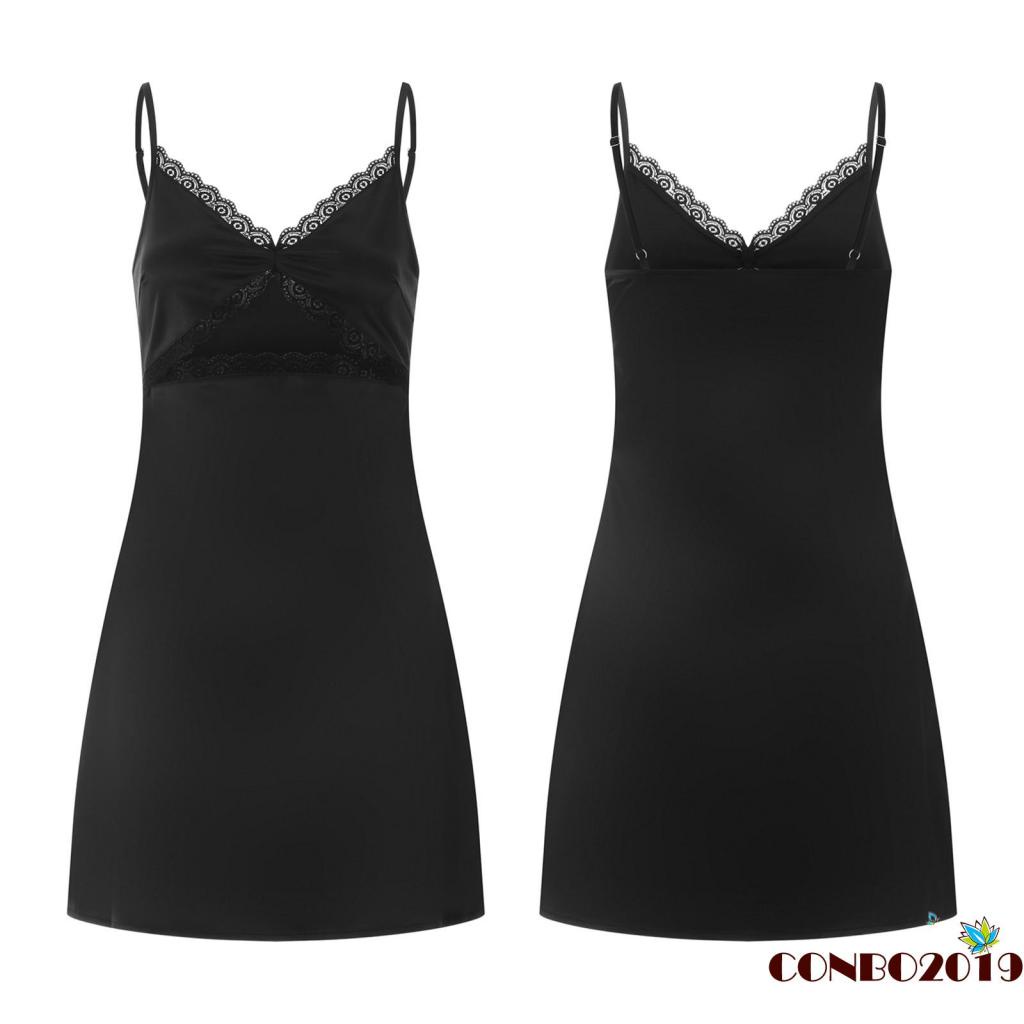 Đầm Hai Dây Cổ Chữ V Hở Lưng Phối Ren Gợi Cảm Cho Nữ