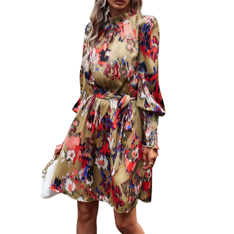 Đầm Chữ A Tay Dài Cổ Nhún Bèo In Họa Tiết Hoa Tinh Tế Thời Trang Xuân Hè Cho Nữ