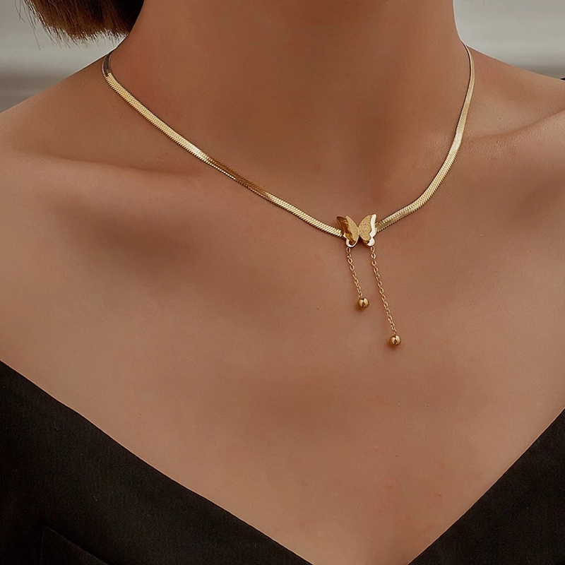 Ygt Vòng Cổ Choker Dây Xích Bằng Thép Không Gỉ Mặt Hình Cánh Bướm Màu Vàng Kim Vintage Cho Nữ