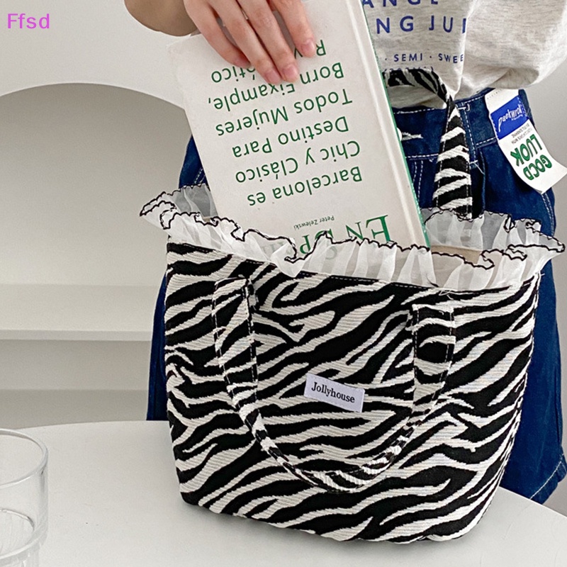 {Ffsd} Túi Xách Vải Canvas Màu Trơn Họa Tiết Ngựa Vằn Phối Ren Lá Sen Sức Chứa Lớn Sáng Tạo Đẹp Mắt Thời Trang * Bán Chạy Cho Nữ