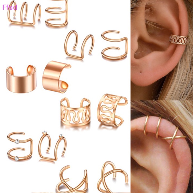 {Ffsd} Set 12 Bông Tai Kẹp Vành Tai Hình Lá Không Cần Xỏ Lỗ Dành Cho Nữ