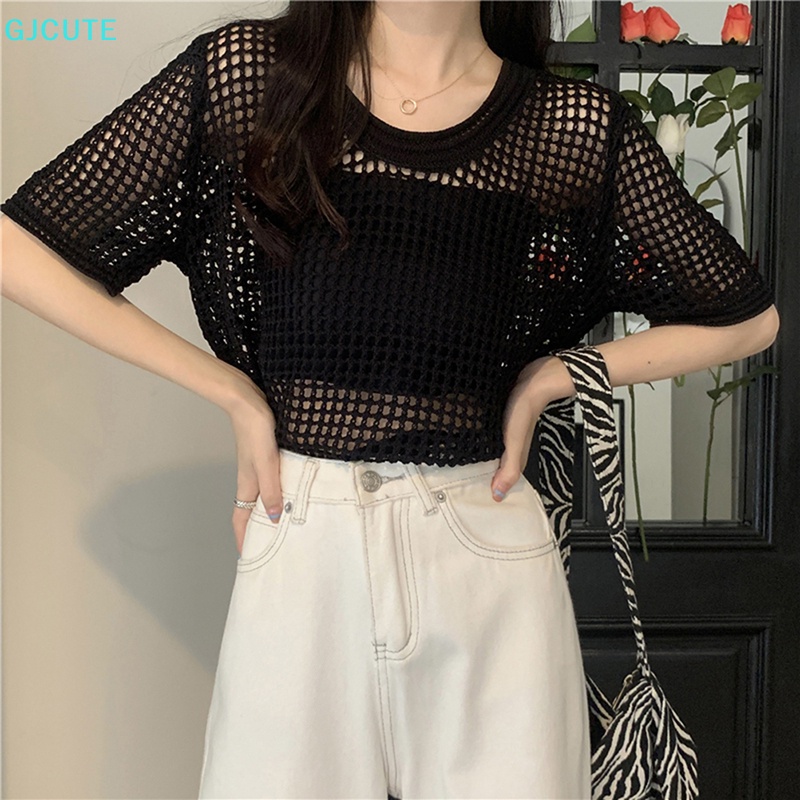 Mfc Áo Dệt Kim Tay Ngắn Dáng Rộng Đục Lỗ Thời Trang Mùa Hè Vintage Cho Nữ