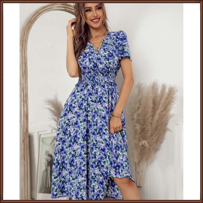 Đầm Dáng Chữ A Tay Ngắn Cổ Chữ V Họa Tiết Hoa Xinh Xắn Thời Trang Cho Nữ