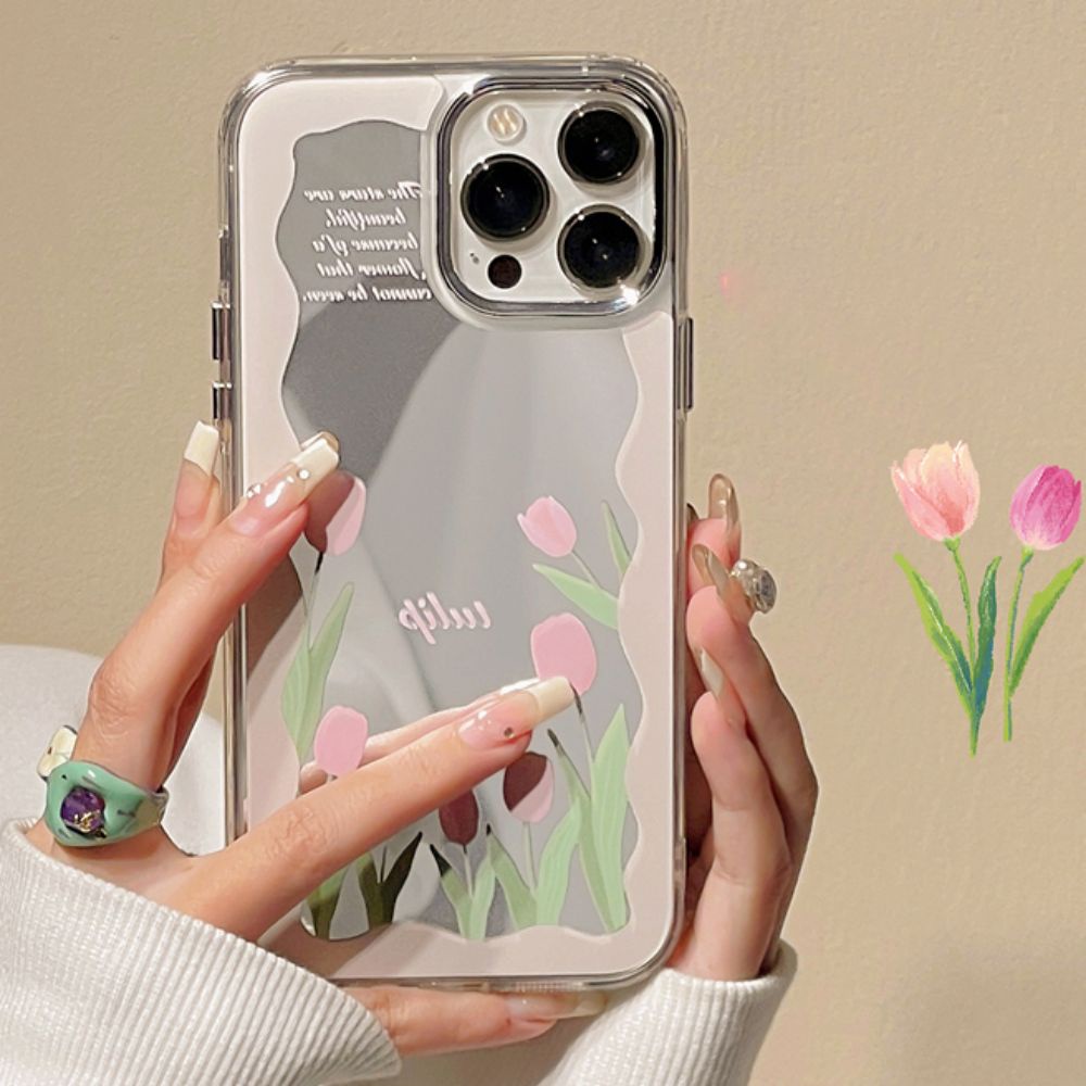Ốp Điện Thoại Mềm Chống Bụi Bẩn Họa Tiết Hoa Tulip Gắn Gương Cho IPhone 14 13 12 11 Pro Max XS XR