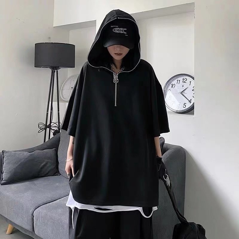 Áo Thun Ngắn Tay Có Nón Trùm Và Khóa Kéo Một Nửa Dáng Rộng Thời Trang Mùa Hè Đơn Giản áo Hoodie Chính Hãng áo Hoodie Bigsize  Phong Cách Hip Hop Mỹ Dễ Phối Đồ Dành Cho Bạn Nữ