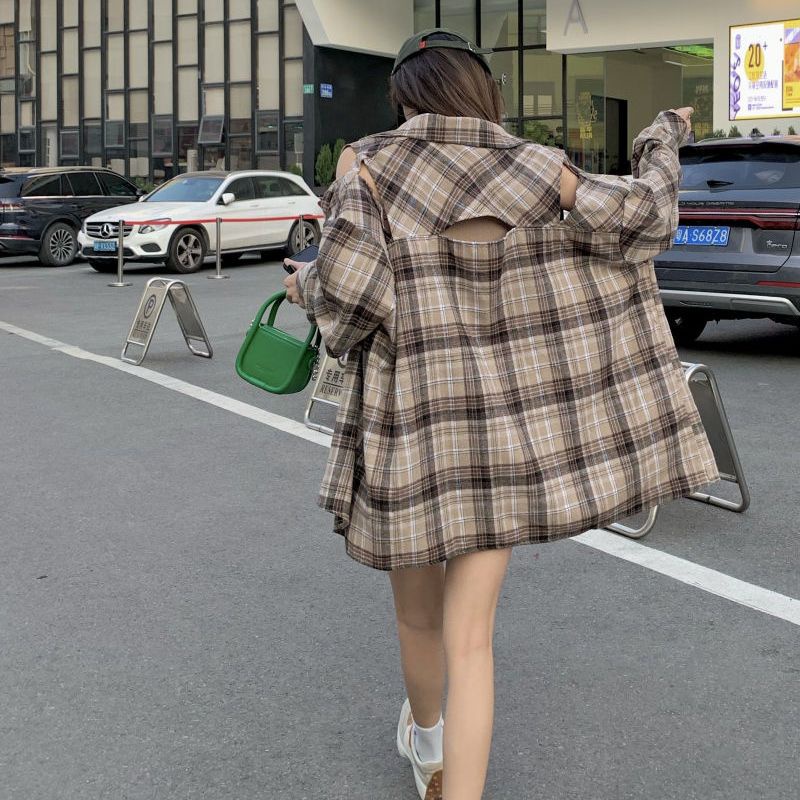 Áo Sơ Mi Nữ Dáng Rộng Hở Vai Họa Tiết Caro Phong Cách Hàn Quốc Dễ Phối Đồ