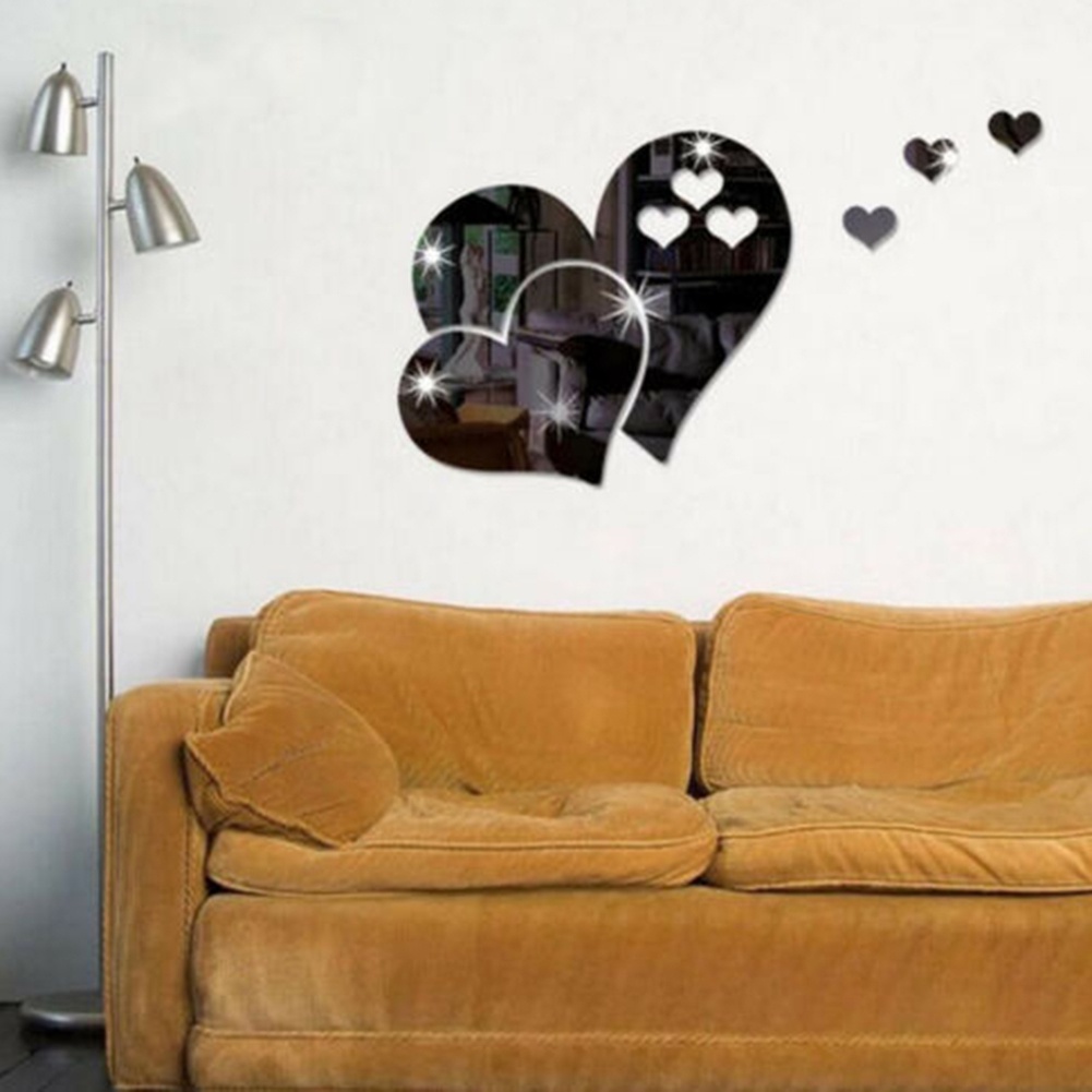 Đề Can Acrylic Hình Trái Tim 3D Tráng Gương Dán Tường Trang Trí Phòng Khách