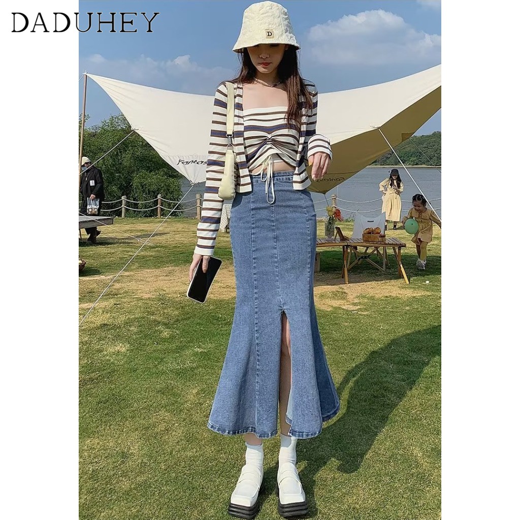 Chân váy denim DADUHEY ôm hông phối túi size lớn kiểu chữ A cạp cao xẻ tà retro thời trang phong cách Hàn Quốc