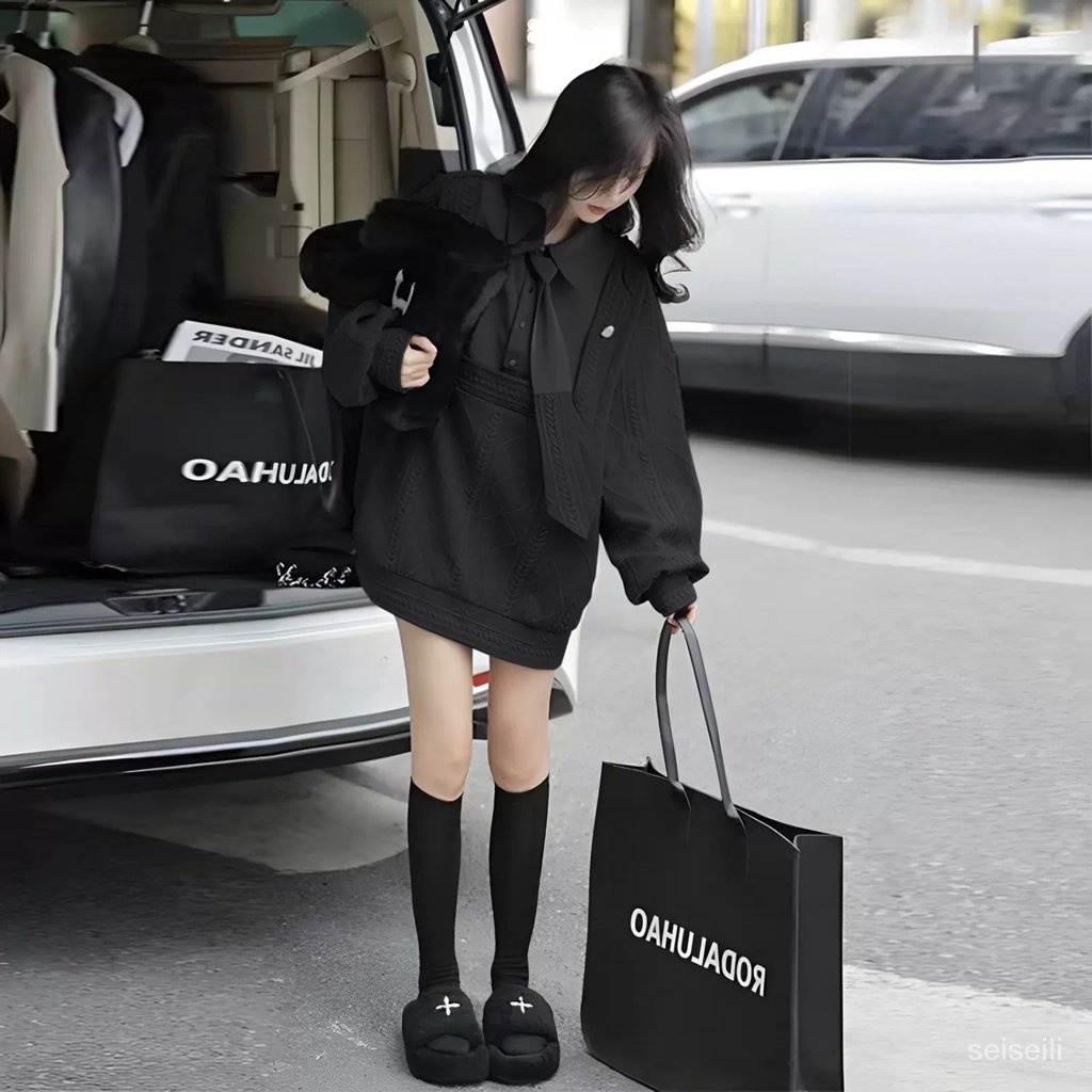 Áo sweater giả hai lớp tay phồng thời trang nữ mùa xuân