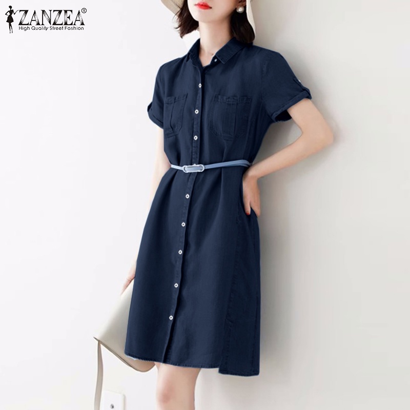 Zanzea Đầm Ngắn Tay Màu Trơn Phong Cách Hàn Quốc Dành Cho Nữ