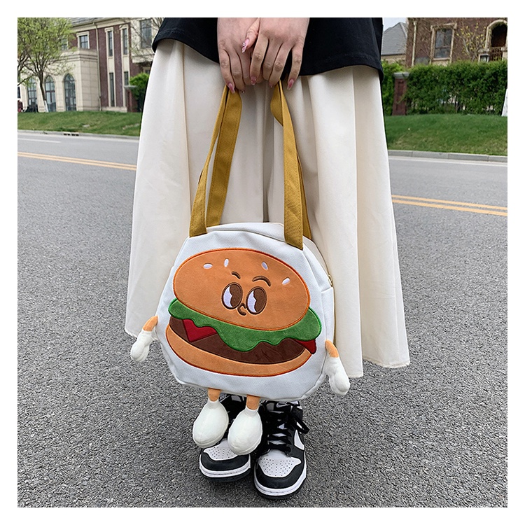 Túi Xách Đeo Vai Vải Canvas Mềm In Hoạt Hình hamburger Nhật Bản Dễ Thương Cho Nữ