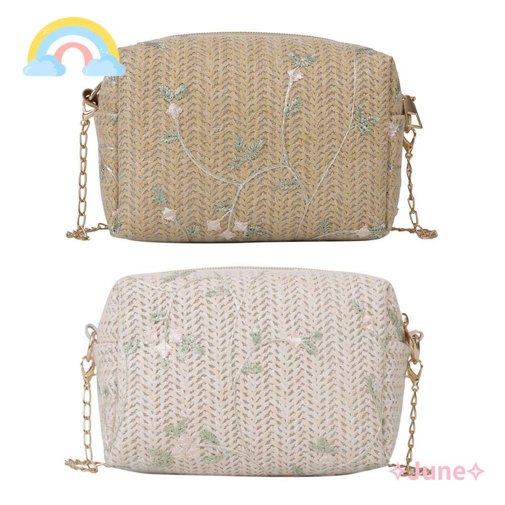 JUNE Túi Cói Đeo Chéo Phối Dây Xích Thời Trang Cho Nữ