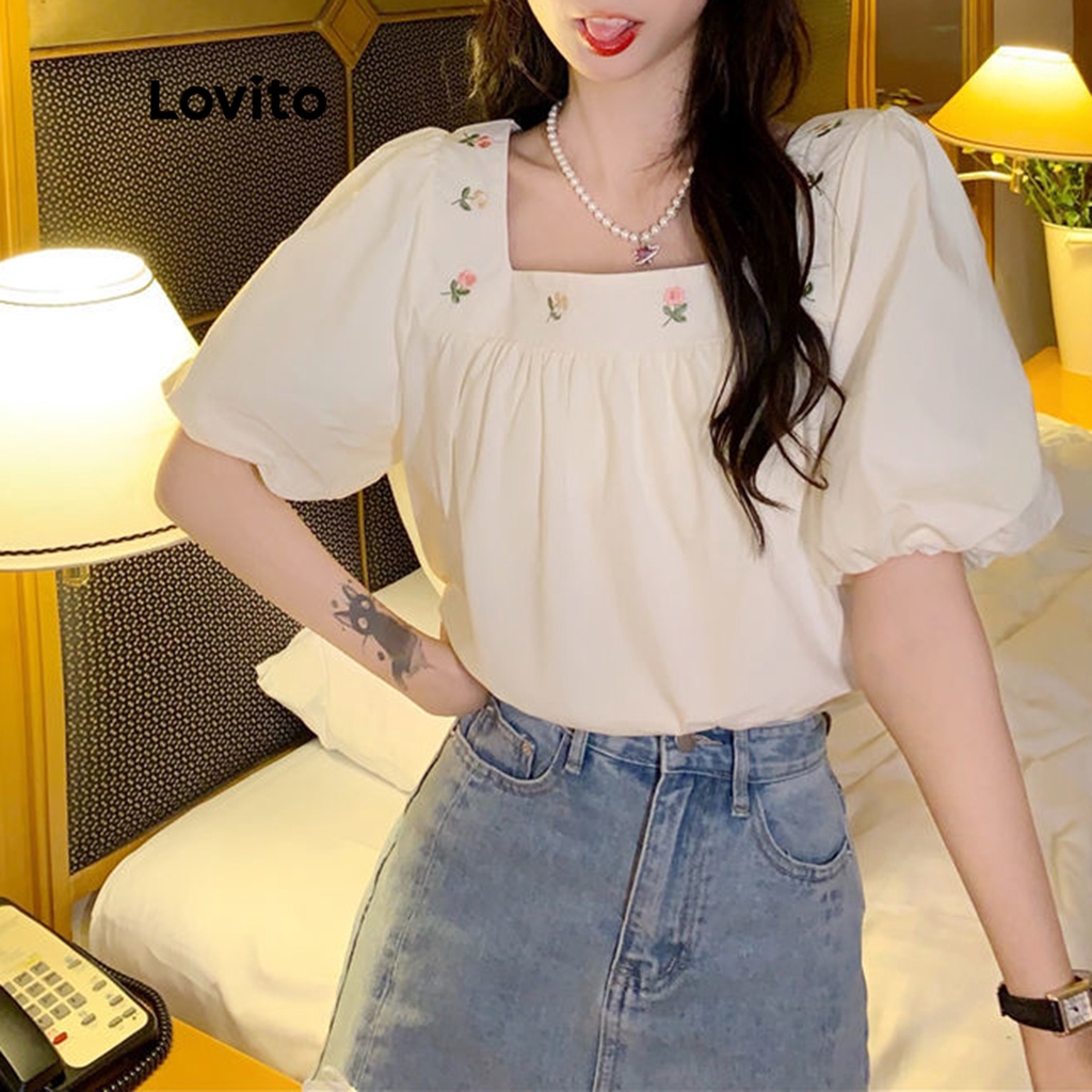 Áo LOVITO tay ngắn thêu họa tiết hoa phong cách thường ngày cho nữ LNE05098