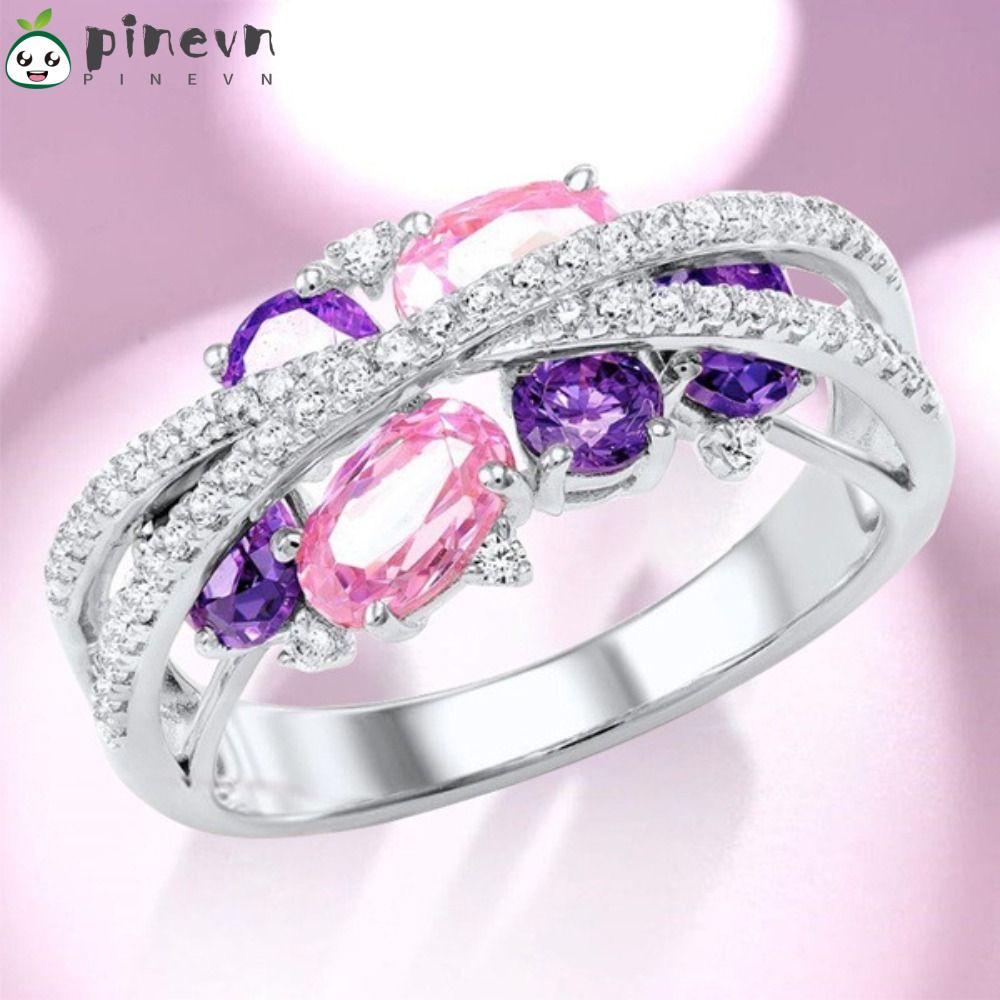 PINEVN Nhẫn Đính Hôn Bạc Đính Đá Zirconia Màu Hồng / Xanh Dương Lấp Lánh Cho Nữ