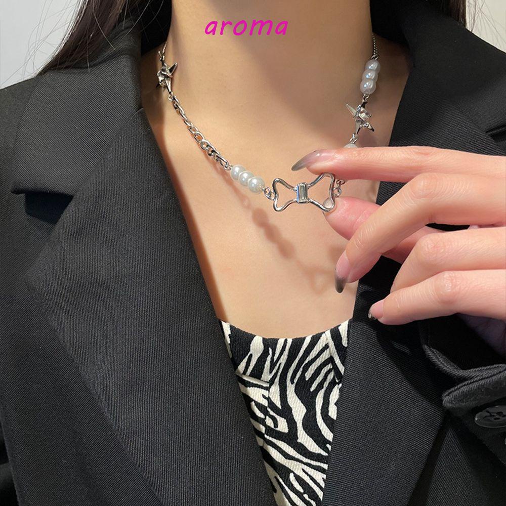 AROMA Vòng cổ Bằng Thép Titan Đính Ngọc Trai Và Ngôi Sao Sang Trọng Cá Tính