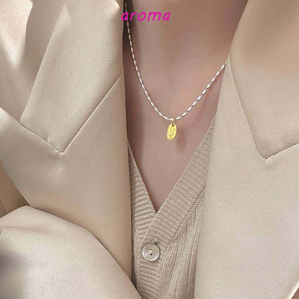 AROMA Vòng cổ Xỏ Hạt Mặt Hình Oval In Chữ Phong Cách Hàn Quốc Thời Trang Cho Nữ