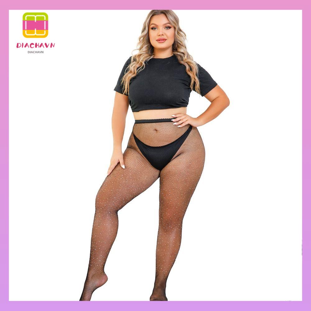 DIACHAVN Quần Tất Lưới Lưng Cao Co Giãn Đính Đá Lấp Lánh Màu Đen Hóa Trang Halloween