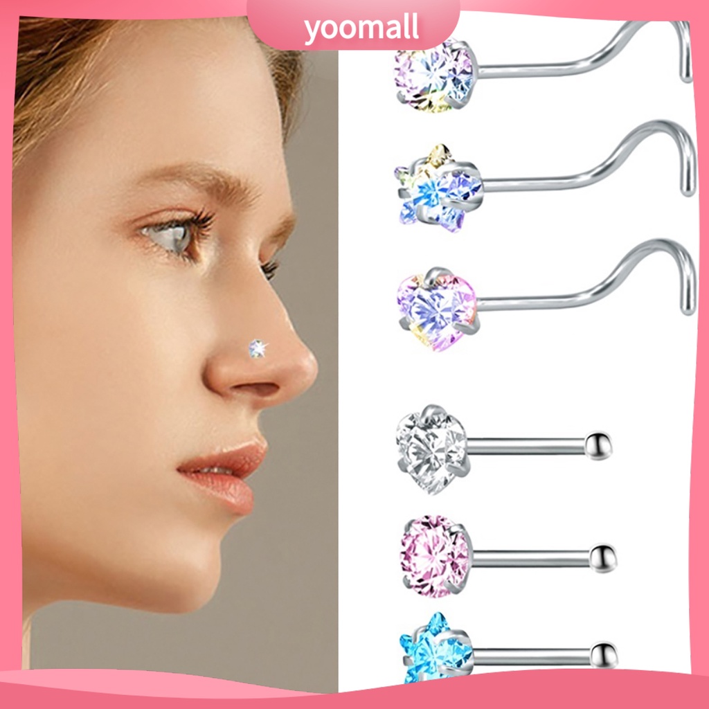 Bộ 3 Khuyên Mũi Bằng Thép Không Gỉ Đính Đá Zircon Hình Ngôi Sao / Trái Tim