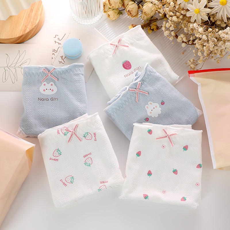 Quần Lót Cotton Lưng Vừa In Họa Tiết Thỏ / Mèo / Dâu Tây Dễ Thương Cho Nữ