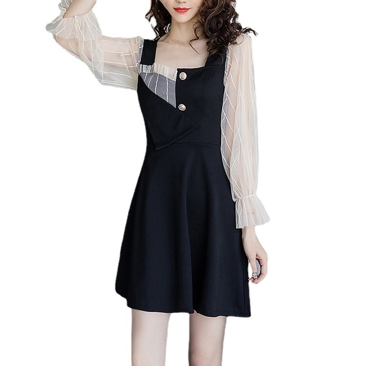 Đầm Dáng Chữ a Cổ Vuông Màu Đen Phong Cách Phương Tây Thời Trang Mùa Xuân Cho Nữ